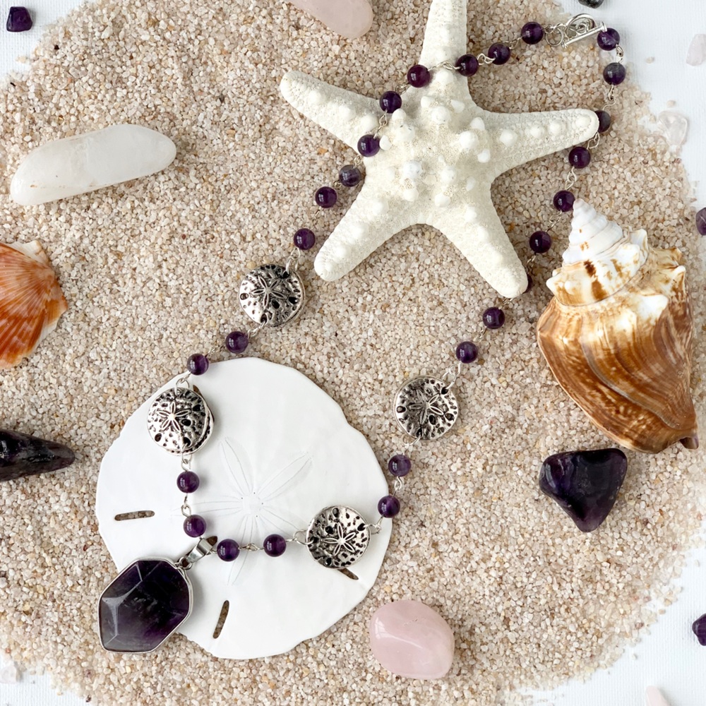 Genuine Amethyst & Sand Dollar Beaded Necklace with Amethyst Pendant
